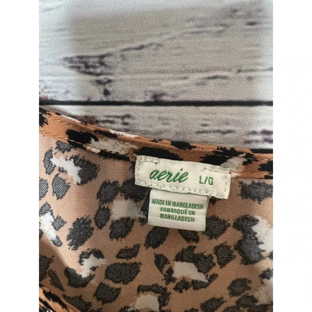 Aerie Leopard Satin Midi Slip Dress Brown Black Lg - Picture 3 of 5